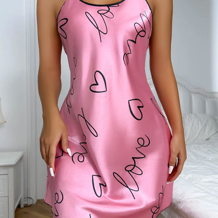 Heart   Letter Print Nightdress  Casual Round Neck Spaghetti Strap Sleep Dress  Women's Sleepwear   Dresses