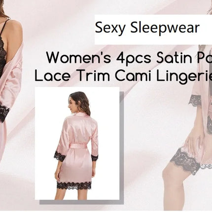 4Pcs/Set Women' Silk Satin Pajamas Set Lingerie Sexy Floral Lace Cami Spaghetti Strap Top and Satin Shorts with Robe Sleepwear