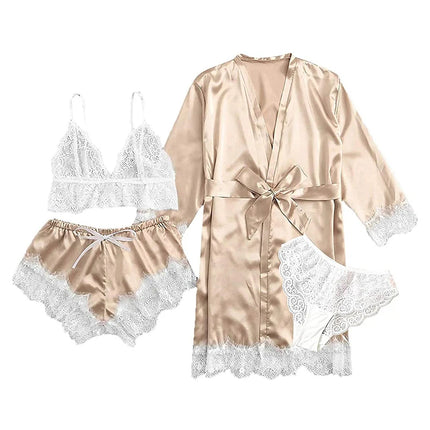 Women's Summer Sexy Pajama Pants Set 4 Pieces Lace Satin With Silk Sleepwear Robe Fashion And Comfortable Nightwear