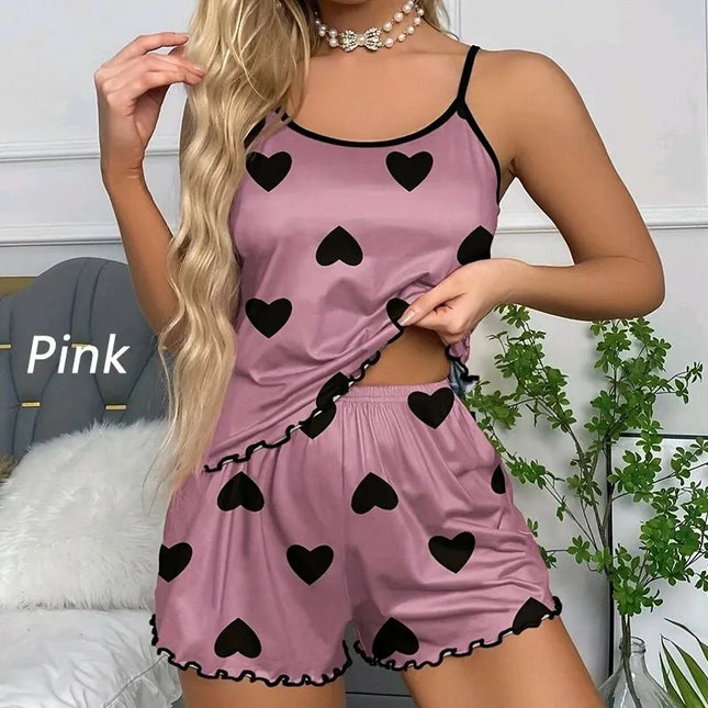 Women Pajamas Sleepwear Pajama Set Camisole Shorts Pink S M L Heart Print Scoop Neck Cami Top Ice Silk Comfortable Casual Summer