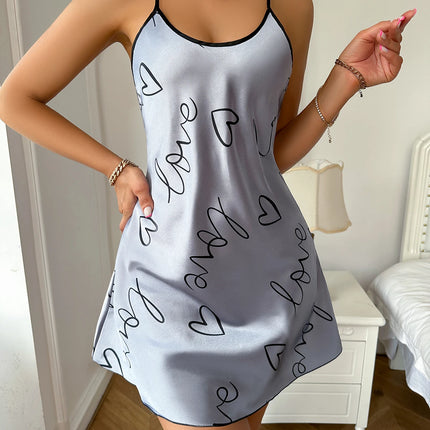 Heart   Letter Print Nightdress  Casual Round Neck Spaghetti Strap Sleep Dress  Women's Sleepwear   Dresses