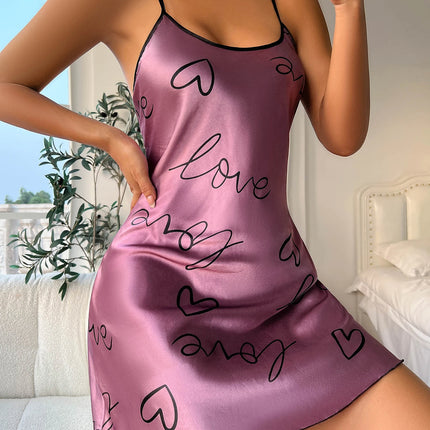 Heart   Letter Print Nightdress  Casual Round Neck Spaghetti Strap Sleep Dress  Women's Sleepwear   Dresses