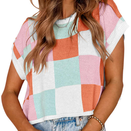 Midriff-baring Short Sleeve Color Block Round Neck Knitted Checkerboard Plaid Sweater