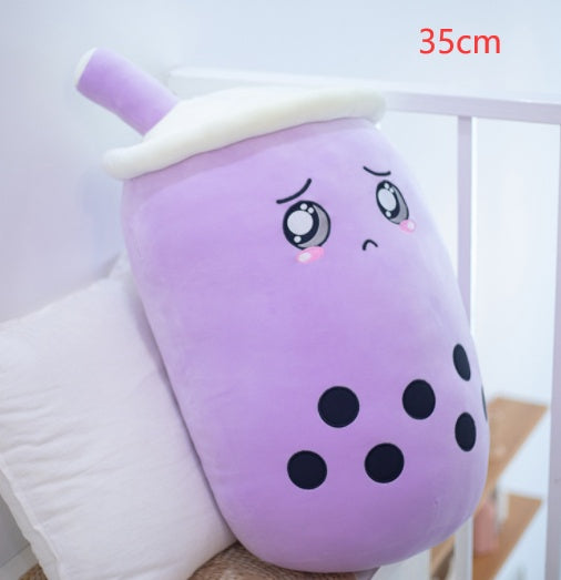 KawaiiTea | Plush Toy | Soft Fabric | Embroidered Face | Strawberry Pink Bubble Tea | Cuddle Tea Pillow -
