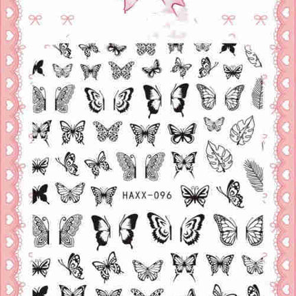 Black Butterfly Nails Stickers Decals White Flower Adhesive Manicure