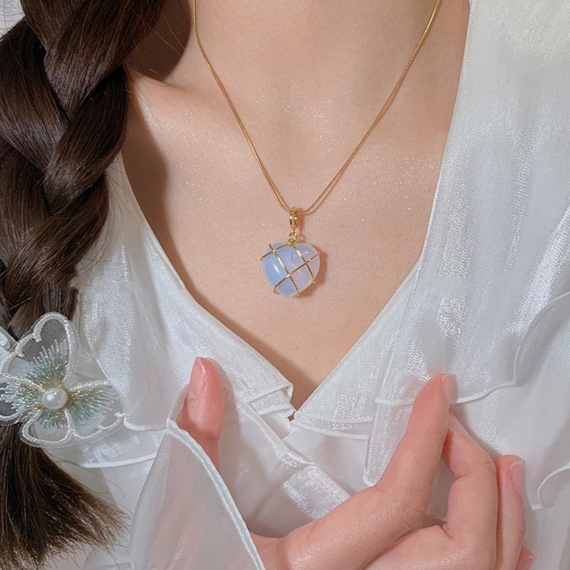 Fashion Moonstone Necklace | Cartoon Princess Heart Pendant for Girls & Women | Real Gold Electroplated Copper Chain | Japanese & Korean Style | Barbie Opal & Pink Spar Options | 39cm + 7cm Extension - Apparel & Accessories > Jewelry > Necklaces