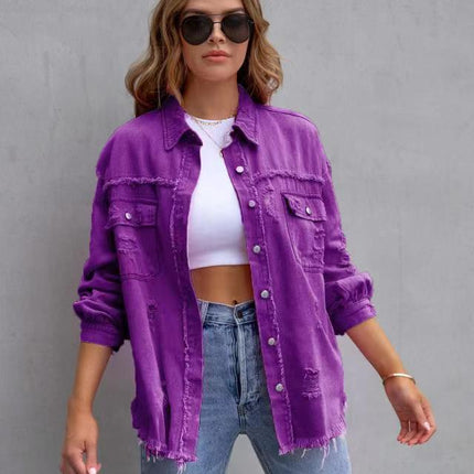 Fashion Ripped Shirt Jacket Female Autumn And Spring Casual Tops Womens Clothing