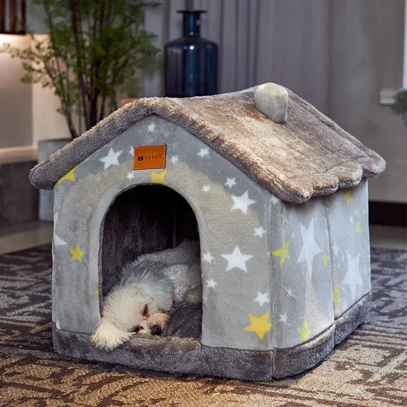 Foldable Dog & Cat House Bed | Warm Winter Enclosed Cave Kennel | Self-Warming Plush Pet Nest with Durable Non-Slip Bottom | Removable Cozy Villa | S–L - Animals & Pet Supplies > Pet Supplies > Pet Beds > Caves