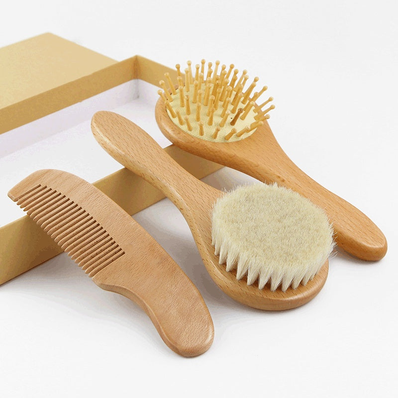 PearWood | Round Wool Massage Brush Set | Pear Wood Handle | Soft Wool Round Brush | 14.5 x 4.3 x 1 cm | Scalp Massage -