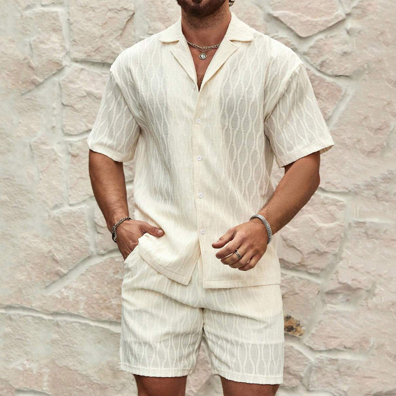 Men’s Summer Tracksuit Set | Casual Loose Fit Lapel Button Shirt & Shorts | Milky White 2-Piece Co-Ord | Lightweight Cotton Blend | Beach Holiday Outfit for Men | Trendy All-Match Summer Wear - Apparel & Accessories > Clothing > Outfit Sets