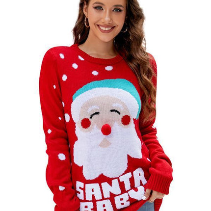 Women's Tops Santa Pullover Sweater Autumn And Winter Letter Embroidery Christmas Red Sweaters Long Sleeve Crew Neck Clothes