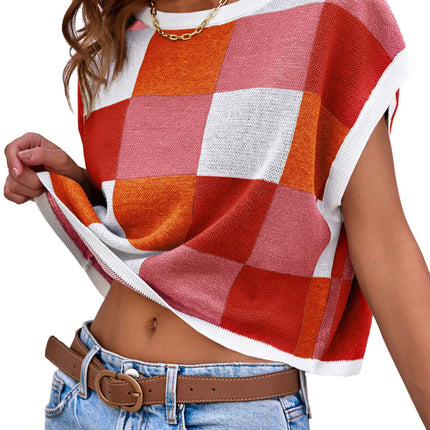 Midriff-baring Short Sleeve Color Block Round Neck Knitted Checkerboard Plaid Sweater