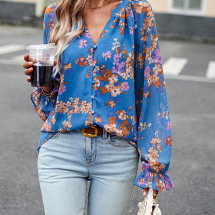 Women's Tops Casual Floral Print V Neck Long Sleeve Shirts Loose Chiffon Blouses Shirts Tops