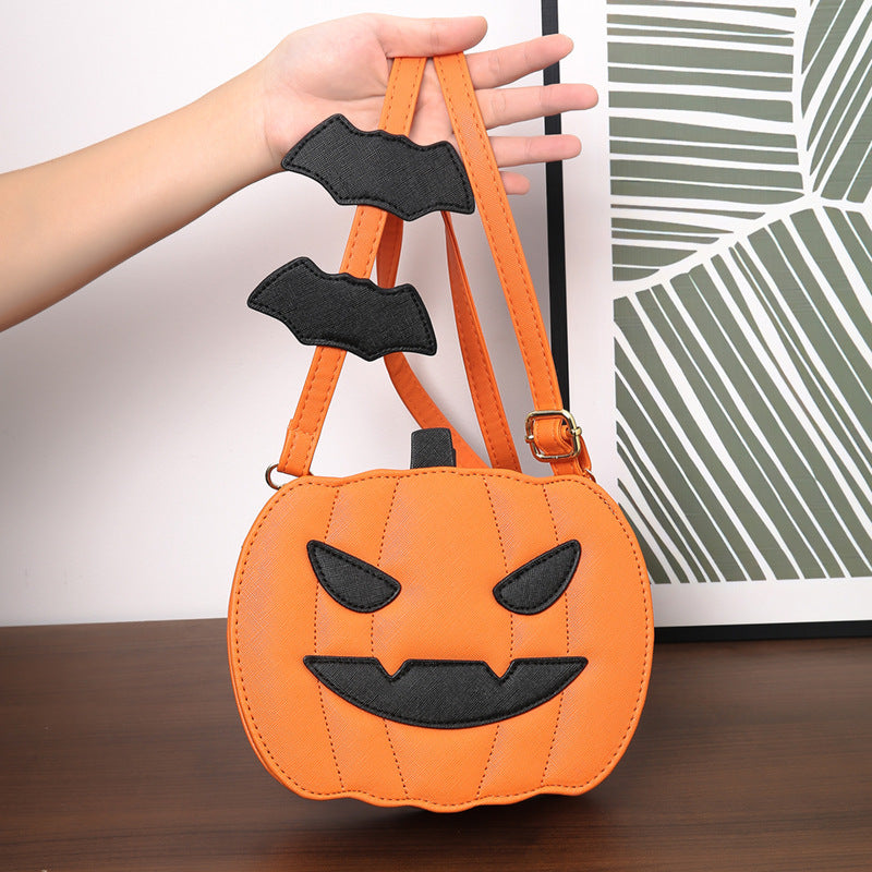 Halloween Pumpkin Crossbody Bag for Women | Cute Cartoon Shoulder Bag with Bat Design | PU Leather | Creative Festive Messenger Bag | Halloween Party Accessory - Apparel & Accessories > Handbags, Wallets & Cases > Handbags > Shoulder Bags