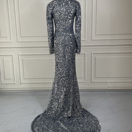 Grey Long Sleeve Sequin Evening Dress