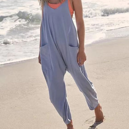 Summer Women's Loose Sleeveless Jumpsuits Spaghetti Strap Long Pant Romper Jumpsuit With Pockets Zipper