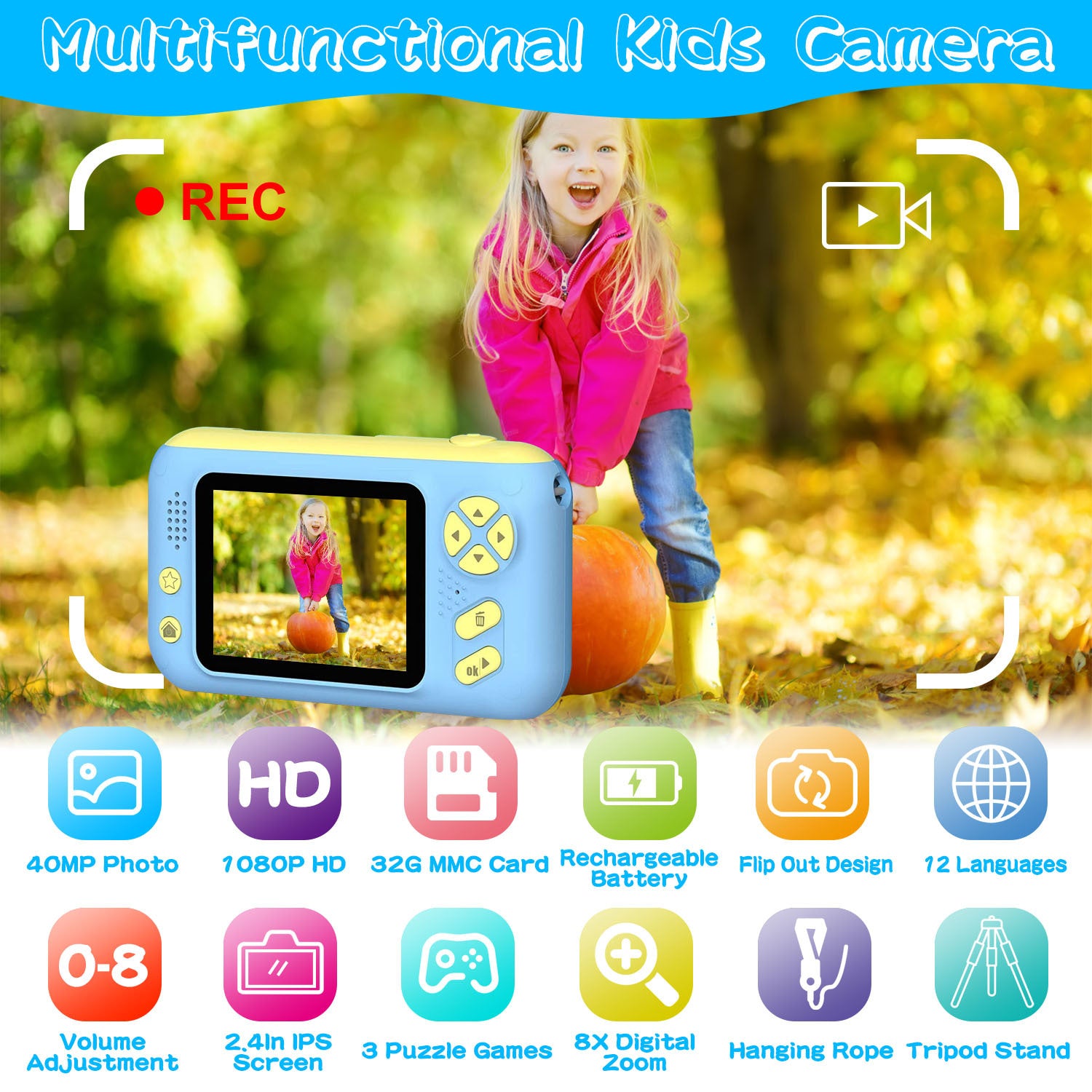 KidVue | Kids Digital Camera | Flip Lens | 32GB Card Included | Blue | Easy Kid Photos And Videos Anywhere -