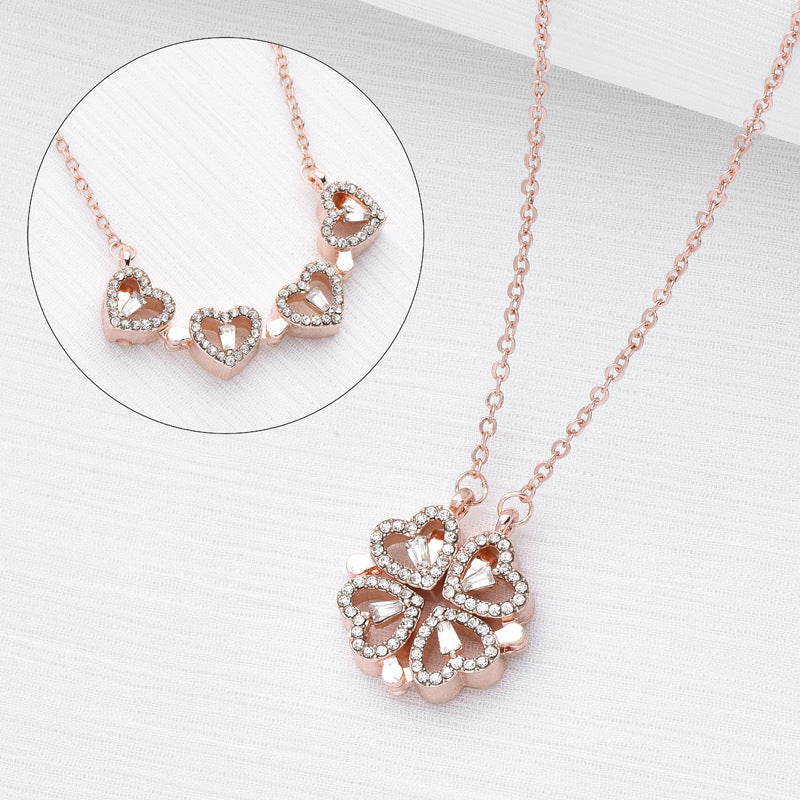 Retro Magnetic Folding Heart Necklace | 4-in-1 Four-Leaf Clover Pendant | Women’s Korean Style Love Clavicle Chain | Openable Copper Electroplated Choker | 40+5cm Adjustable Gift Jewelry - Apparel & Accessories > Jewelry > Necklaces