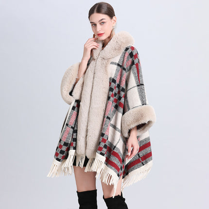 Loose Plaid Plus Cashmere Fur Collar Knitted Inverness