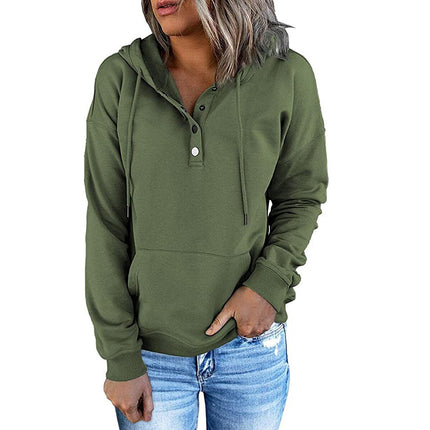 Long-sleeved Hooded Sweatshirt With Pockets Fashion Casual Button Drawstring Design Hoodie Top Spring And Autumn Sports Clothing For Women