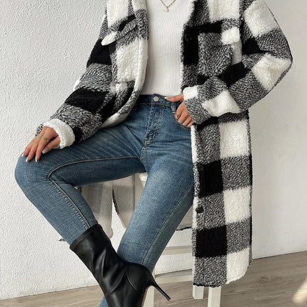 Button Lapel Plush Plaid Coat Loose