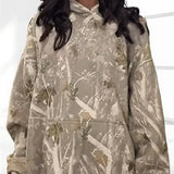 GenZ Cozywear | Hooded Floral Sweatshirt | Floral Print | Front Pockets | Khaki And Grey | Cozy Everyday Layering - Apparel & Accessories > Clothing > Clothing Tops > Hoodies