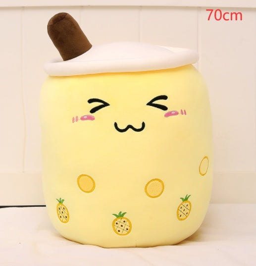 KawaiiTea | Plush Toy | Soft Fabric | Embroidered Face | Strawberry Pink Bubble Tea | Cuddle Tea Pillow -