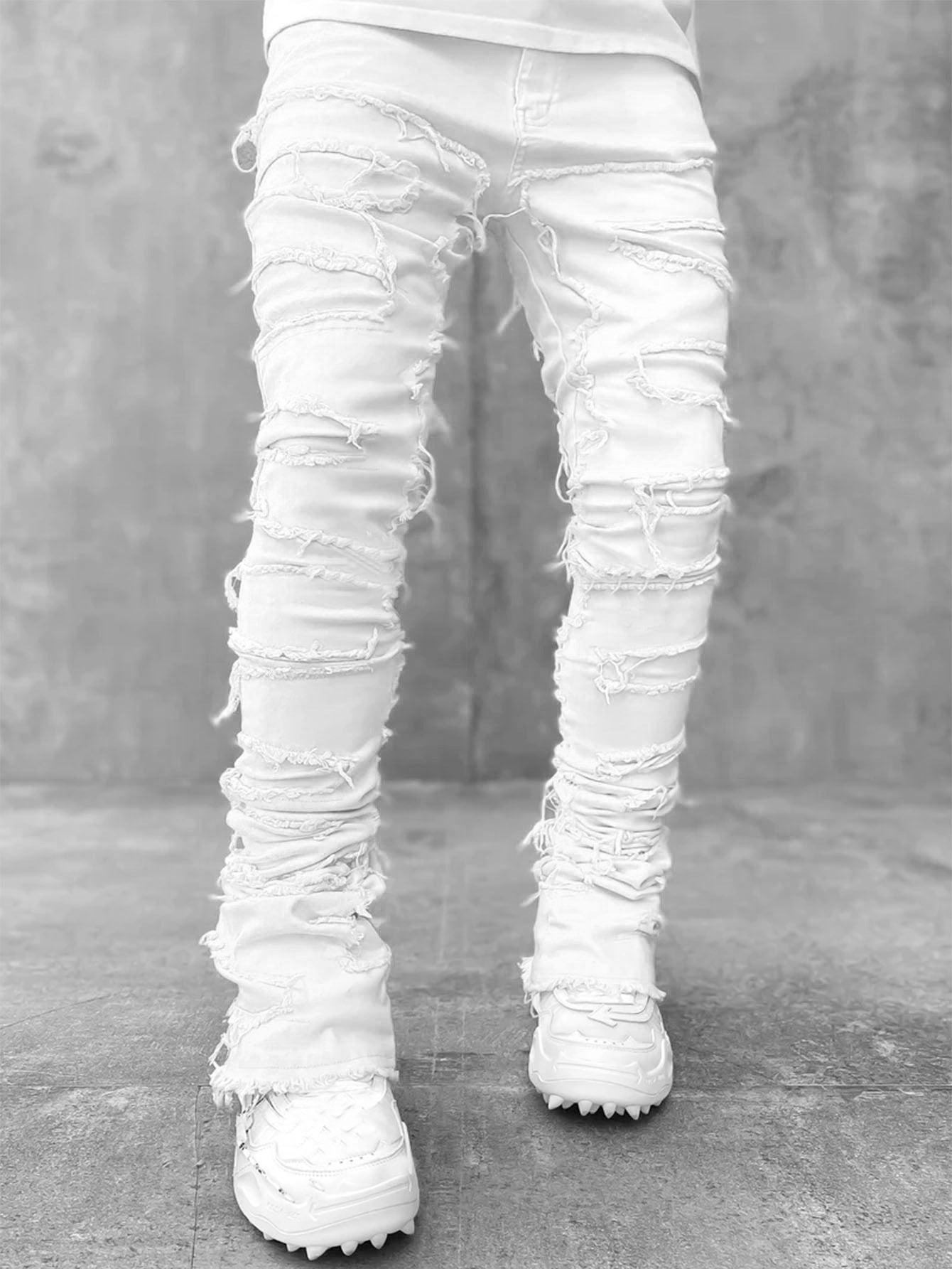Men’s Stacked Jeans | Tight Fit Long Trousers with Patched Design | Trendy Solid Color Streetwear Pants | Cotton Slim Fit Fashion Jeans for Men | Stylish Modern Men’s Clothing - Apparel & Accessories > Clothing > Pants > Jeans