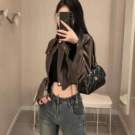 American Retro Sweet Cool Hot Girl Style Coffee Color Leather Coat Motorcycle Jacket Top