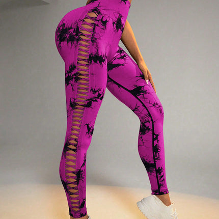 Hollow Tie Dye Printed Yoga Pants High Waist Butt Lift Seamless Sports Gym Fitness Leggings Slim Pants For Women Tight Trousers