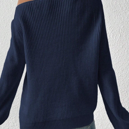 Solid Ribbed Knit Asymmetrical Shoulder Sweater,Long Sleeve Tops