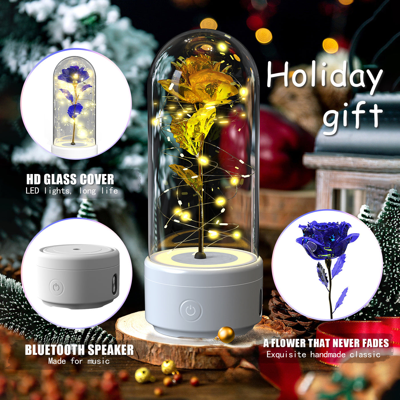 Creative | 2 In 1 Rose Led Bluetooth Light And Speaker | Rose Led Night Light | Glass Cover | Red | Romantic Gift -