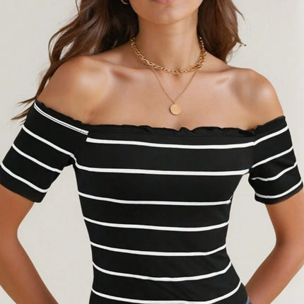 Summer To Autumn Casual Street Nautical Style Off-Shoulder Striped T-Shirt For Women