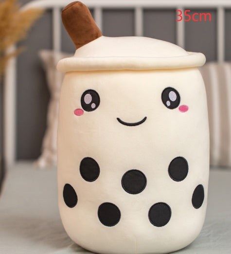 KawaiiTea | Plush Toy | Soft Fabric | Embroidered Face | Strawberry Pink Bubble Tea | Cuddle Tea Pillow -