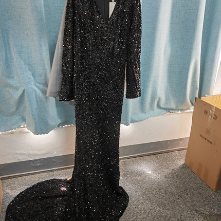 Grey Long Sleeve Sequin Evening Dress