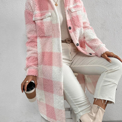 Button Lapel Plush Plaid Coat Loose