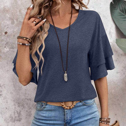 Loose V-neck Ruffle Sleeve T-shirt Fashion Solid Mid-sleeve Tops Women's Clothing
