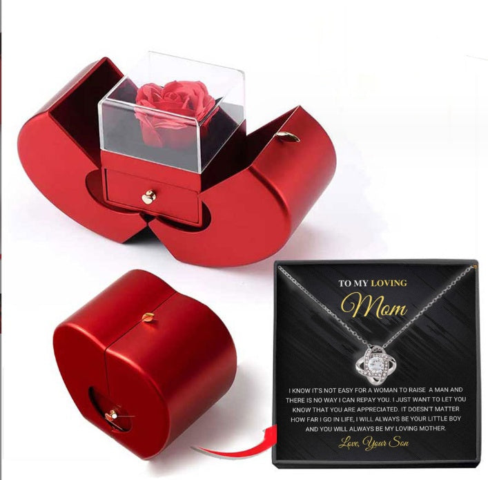 Eternal Rose Apple Gift Box Necklace | Heart Pendant Clavicle Chain for Women | Preserved Soap Flower Jewelry Box | Romantic Christmas, Valentine’s & Mother’s Day Gift | Gold/Silver Plated Copper Necklace Set - Health & Beauty > Jewelry Cleaning & Care > Jewelry Holders > Jewelry Boxes
