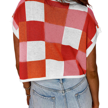 Midriff-baring Short Sleeve Color Block Round Neck Knitted Checkerboard Plaid Sweater