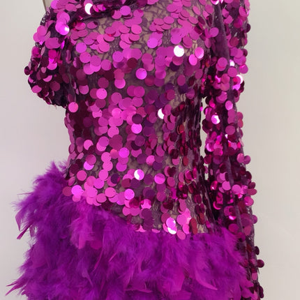 Purple Sequined Feather Skirt One-shoulder Sleeve Short Dress Luxury Party Stage Performance Dress