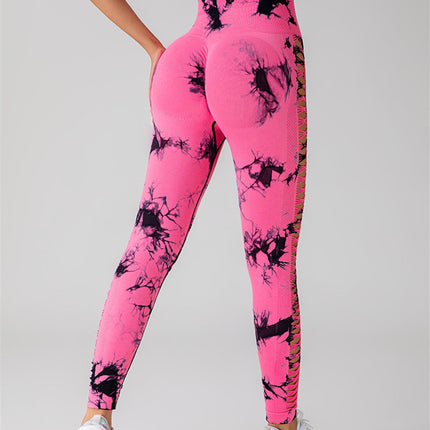 Hollow Tie Dye Printed Yoga Pants High Waist Butt Lift Seamless Sports Gym Fitness Leggings Slim Pants For Women Tight Trousers