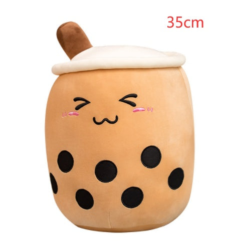 KawaiiTea | Plush Toy | Soft Fabric | Embroidered Face | Strawberry Pink Bubble Tea | Cuddle Tea Pillow -