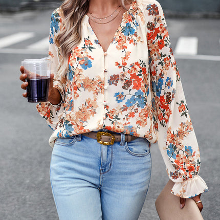 Women's Tops Casual Floral Print V Neck Long Sleeve Shirts Loose Chiffon Blouses Shirts Tops