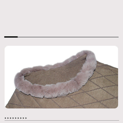 Pure Color Knitted Cape Shawl With Fur Collar