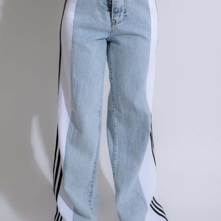 2024 Fashion Casual High Waist Elastic Straight Leg Trousers Three Stripe Patchwork Denim Wide Leg Pants Streetwear