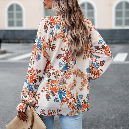 Women's Tops Casual Floral Print V Neck Long Sleeve Shirts Loose Chiffon Blouses Shirts Tops