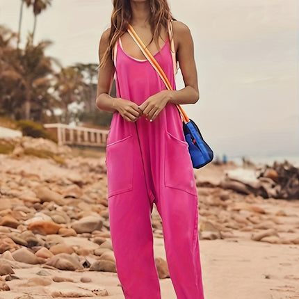 Summer Women's Loose Sleeveless Jumpsuits Spaghetti Strap Long Pant Romper Jumpsuit With Pockets Zipper