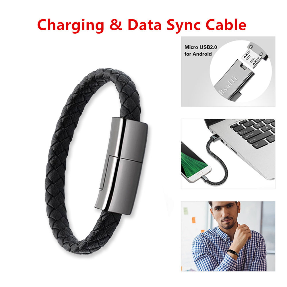 BraceletCharge | Bracelet Charger Cable | Braided Leather | Emergency USB Cable | Black | On-The-Go iPhone Charging -