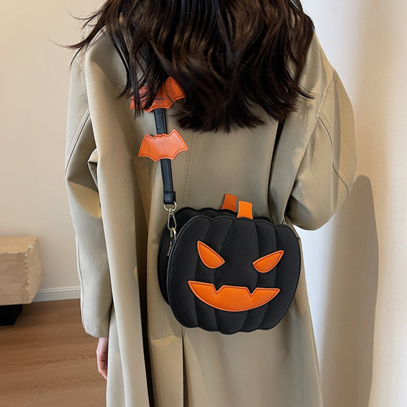 Halloween Pumpkin Crossbody Bag for Women | Cute Cartoon Shoulder Bag with Bat Design | PU Leather | Creative Festive Messenger Bag | Halloween Party Accessory - Apparel & Accessories > Handbags, Wallets & Cases > Handbags > Shoulder Bags