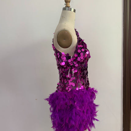 Purple Sequined Feather Skirt One-shoulder Sleeve Short Dress Luxury Party Stage Performance Dress